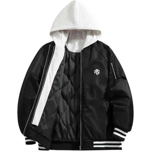 虫小绿 美式高街工装复古经典款纯色假两件连帽印花可拆卸宽松休闲空军飞行员夹克外套 男女同款