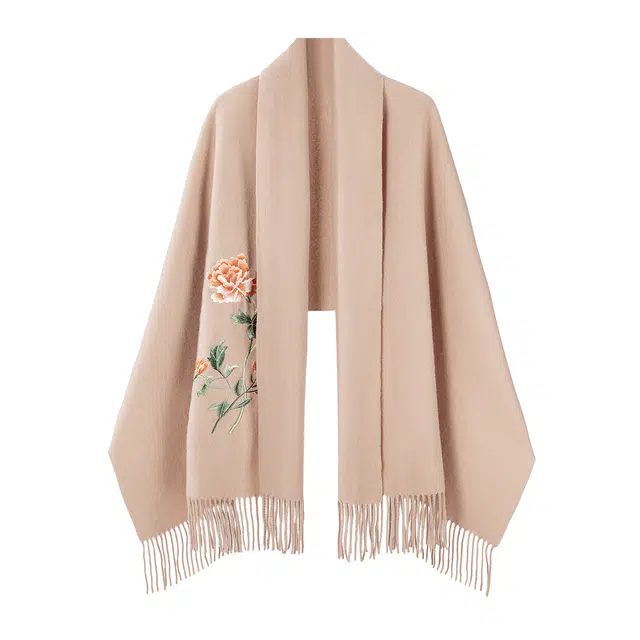 一米画纱 新中式传统盘扣精致古风花卉刺绣两用外搭加厚保暖旗袍晚礼服披风多功能优雅 绵羊毛 披肩 女款