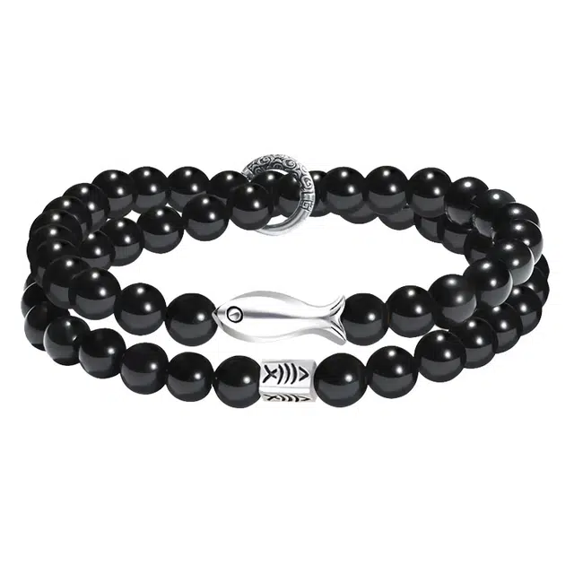 琛宬 【八方来财时来运转】平安喜乐吉祥如意跑环锦鲤双圈叠戴新中式国潮国风简约百搭高级感#好运 黑檀 木作手串 男女同款情侣款