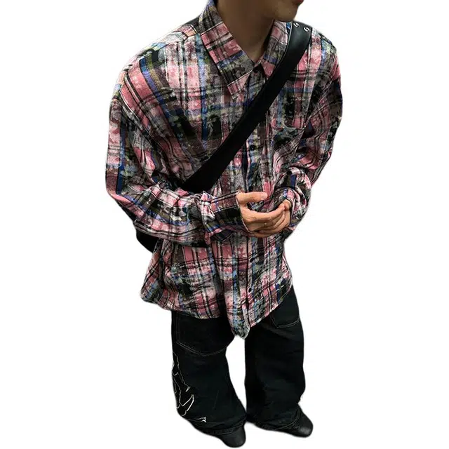 冈哉 美式暗黑风扎染泼墨格子格纹潮牌高街衬衣高级感痞帅宽松显瘦廓形纽扣开衫春秋款长袖单排扣基础款潮搭垂感 衬衫 男女同款