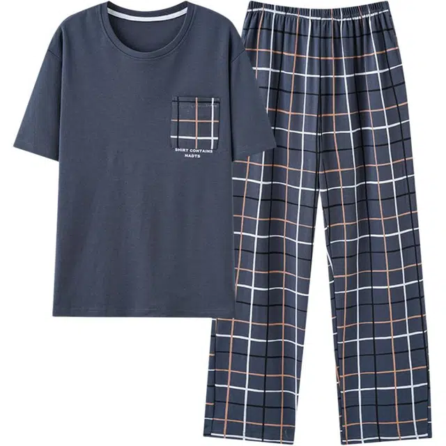 浮光岛屿 圆领休闲上装格子长裤睡衣套装 男款 礼盒装 深蓝色