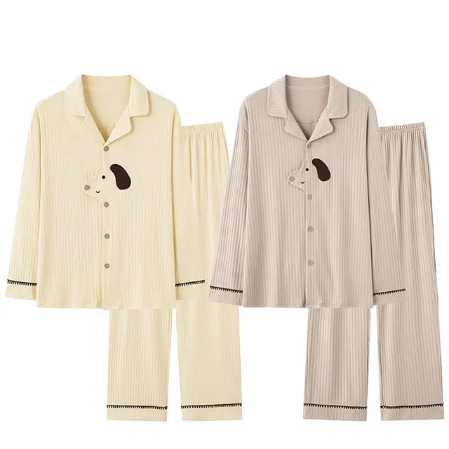 俏韵 翻领春秋季简约长袖长裤甜美舒适休闲家居服可外穿睡衣套装 男女同款