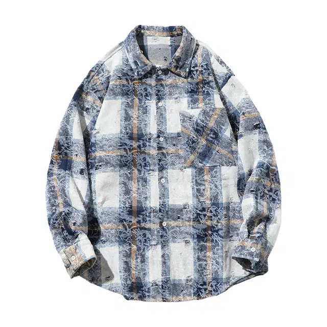 洋气先生 美式复古高街简约时尚扎染格纹破洞毛边潮流气质百搭小众高级感日常休闲宽松舒适慵懒氛围感开衫单排扣外套衬衫 男女同款