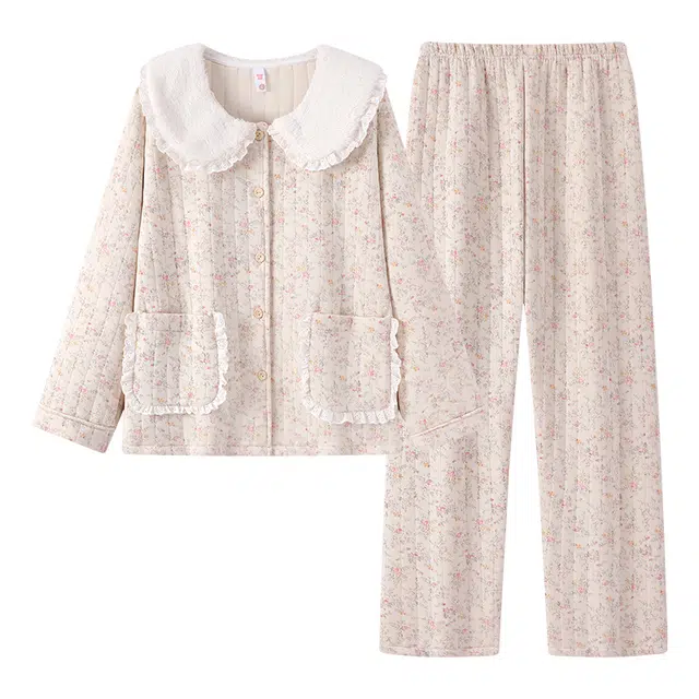 宫蝶 柔软长袖碎花开衫满印休闲家居服可外穿睡衣套装 女款