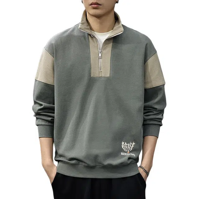 前进牛 秋季美式经典复古潮牌工装风半拉链翻领长袖宽松潮流宽松休闲户外工装拼接撞色上衣外套卫衣 男款