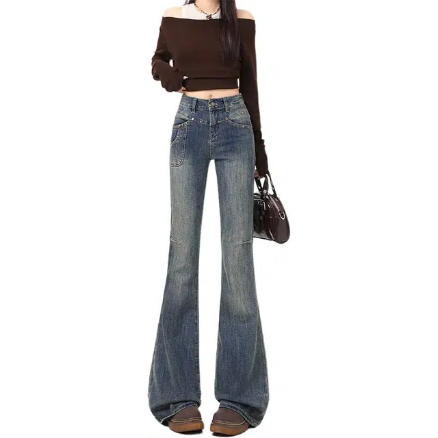 么宁 美式复古微喇叭马蹄裤高腰显高显瘦小个子显腿长铆钉设计感甜酷风辣妹牛仔裤 女款