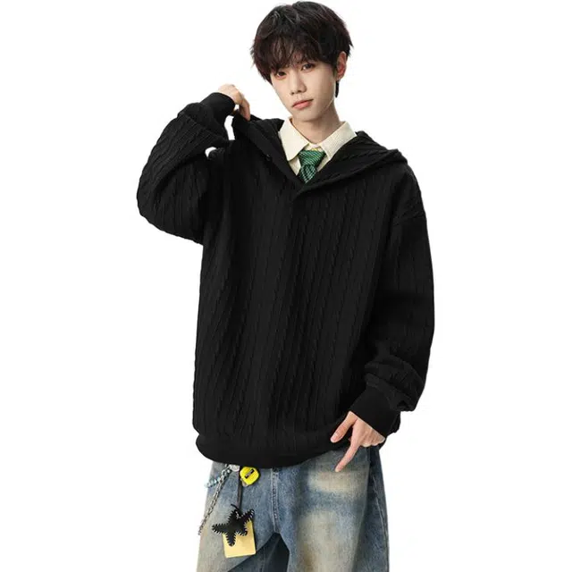 洋气先生 洋气潮牌街头户外复古简约纯色肌理感设计无性别主义上衣基础百搭时尚舒适潮流随性慵懒保暖宽松落肩连帽休闲长袖卫衣 男女同款