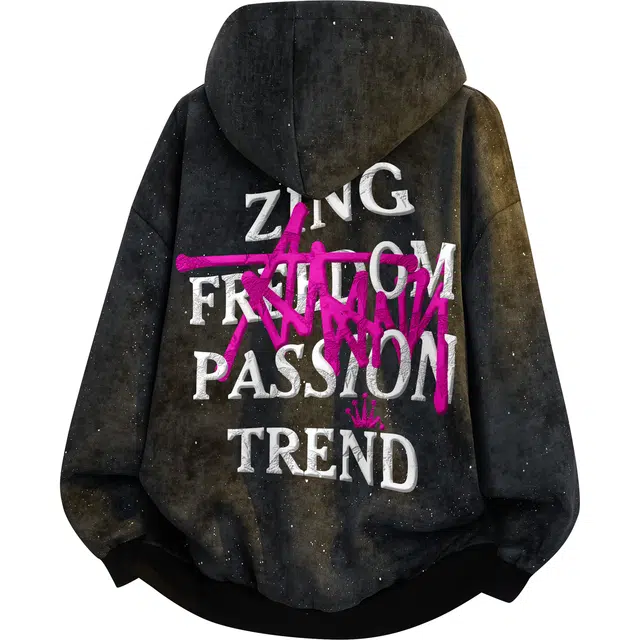 阿凡迪 美式复古街头简约基础扎染满天星设计浮雕涂鸦字母潮牌印花宽松舒适休闲百搭时尚潮流无性别主义通勤长袖抽绳连帽卫衣 男女同款