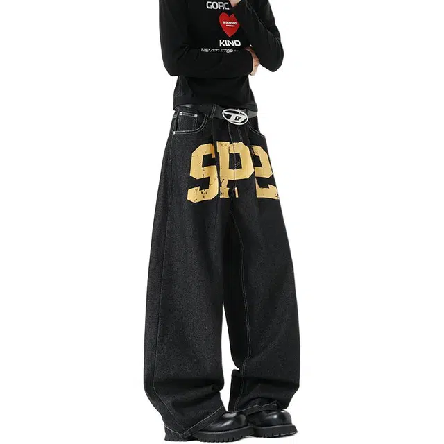加荣 美式高街字母印花阔腿牛仔裤男士宽松跳舞爵士休闲裤男款青少年痞帅男装裤子嘻哈潮流小众弯刀裤男设计感长裤 男女同款