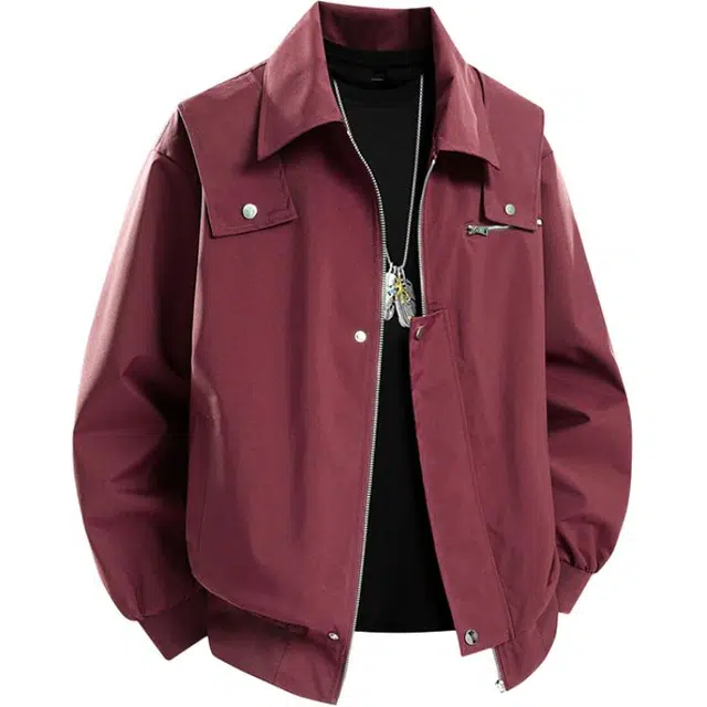 八哥 美式高街基础款经典复古纯色时尚潮流舒适设计感宽松百搭日常通勤简约工装飞行员拉链翻领长袖外套夹克 男女同款