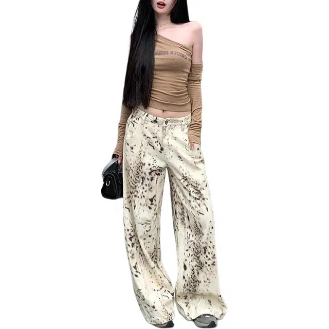 如续 潮流豹纹设计高腰直筒阔腿裤女高街显瘦拖地长裤宽松舒适休闲牛仔裤 女款