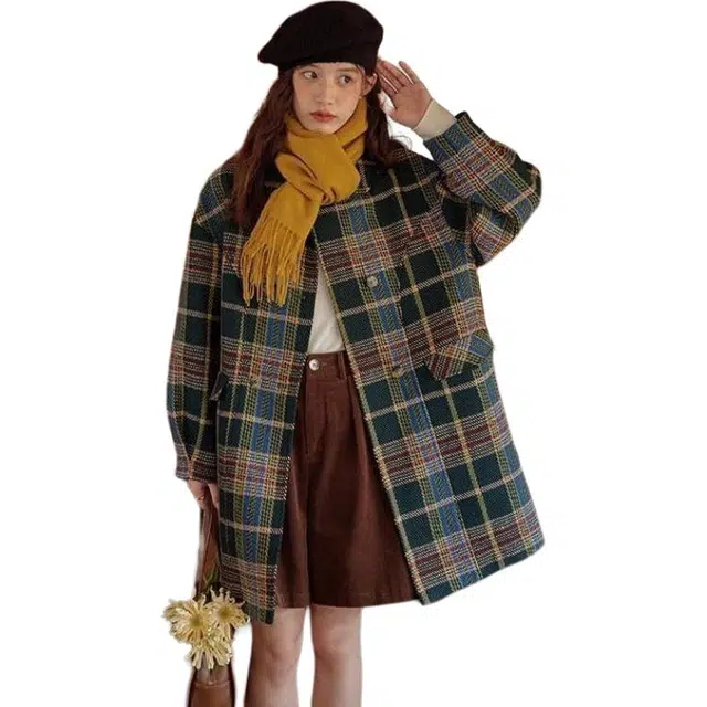 纤丝鸟 时尚百搭法式复古格纹外套女中长款高级感小个子大衣 女款