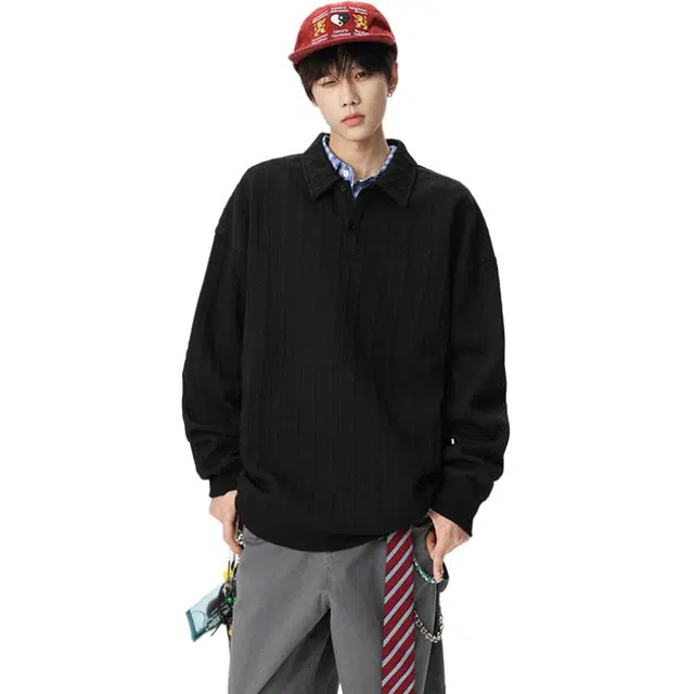 洋气先生 潮牌街头户外复古简约纯色肌理感设计无性别主义上衣基础百搭时尚舒适潮流随性慵懒保暖宽松落肩翻领休闲长袖卫衣 男女同款