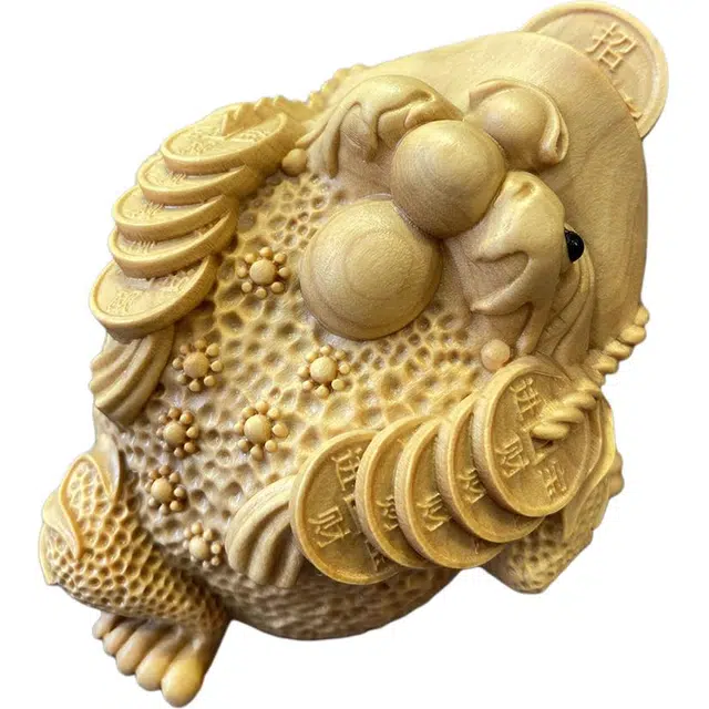 得笙陌 招财进宝金蟾新中式实木雕刻 黄杨木 木作摆件 男女同款情侣款