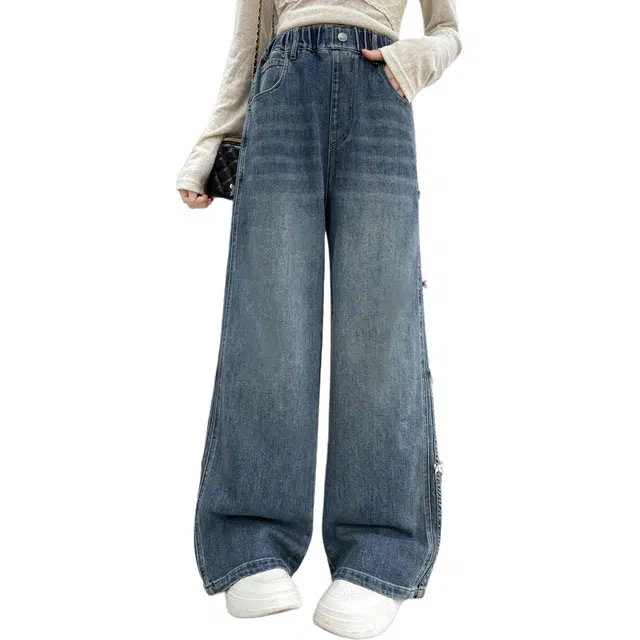 帕兰朵牛仔裤 女童秋装两侧蝴蝶结长裤女孩大童时尚洋气韩系超好看直筒休闲显瘦裤子中阔腿裤 青少年