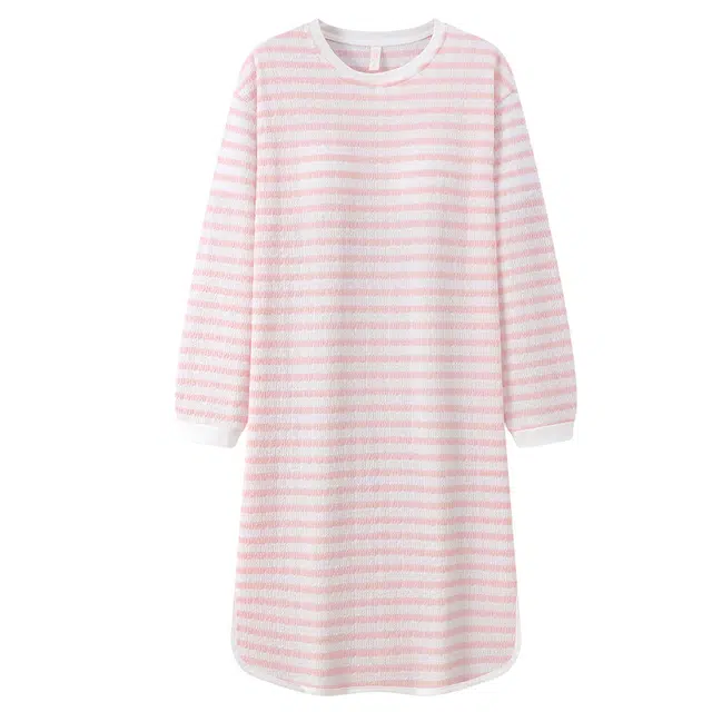 宫蝶 复古长袖条纹家居服宽松休闲大码可外穿带胸垫睡裙 女款