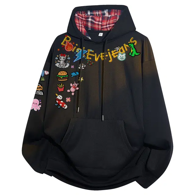 依文 美式高街潮流萌趣卡通多元素印花学生党高级百搭时尚通勤舒适休闲落肩宽松套头长袖格子连帽卫衣 男女同款