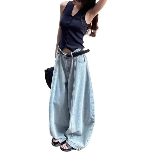 宝米卡 蓝色复古慵懒风宽松遮跨阔腿裤百搭个性显高长裤牛仔裤 男女同款