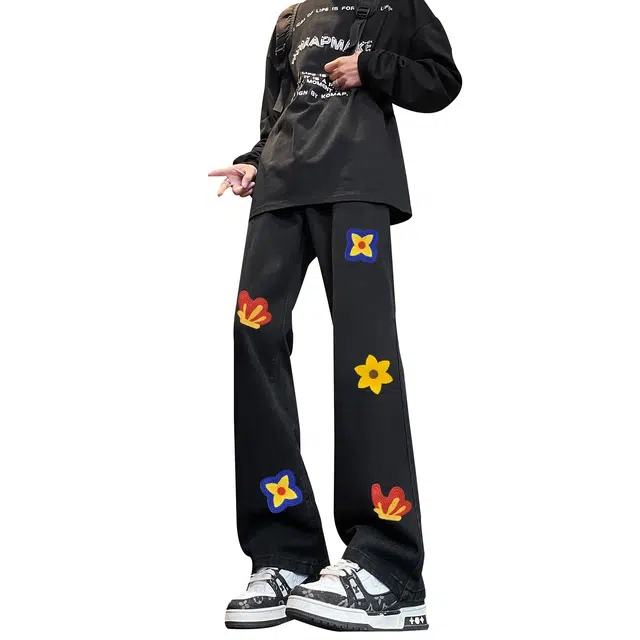 布客行 【毛巾绣刺绣钩花系列】美式巴黎柳叶弯刀复古水洗高街亲肤透气直筒阔腿休闲百搭微喇纯色显高显瘦显腿长裤弹力牛仔裤 男女同款