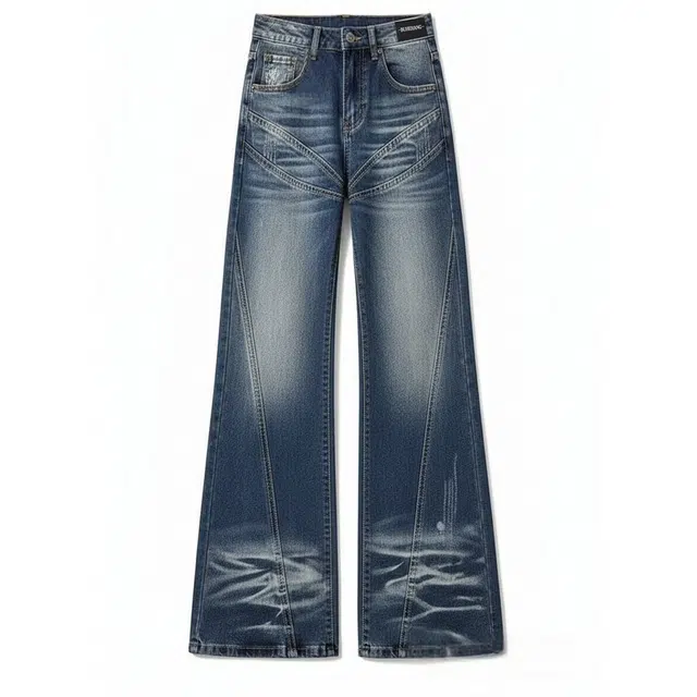 布客行 美式拼接斜切水波纹理直筒阔腿显高显瘦复古蓝宽松舒适休闲百搭蓝色拖地垂感弯刀微喇长裤子水洗做旧高街柔软舒适牛仔裤 男女同款