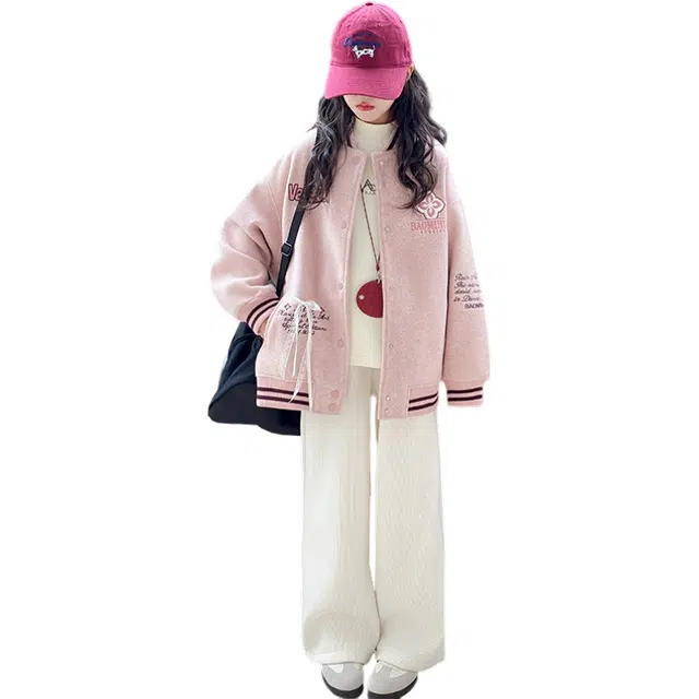 木清清休闲运动套装 甜美活力中大童女童舒适夹棉棒球服外套打底衫长裤三件套 青少年