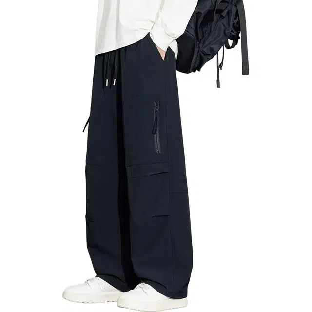 协协乐 高街风拼接氛围感战术裤秋冬季美式潮牌机能风宽松直筒垂坠感阔腿拖地裤百搭青少年痞帅弹力抽绳运动长裤工装裤 男款