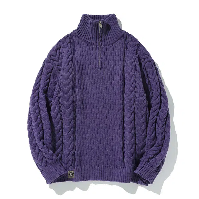 而度 复古麻花编织半拉链高领立体针织工艺宽松慵懒版型高街潮流质感上衣毛衣 男女同款