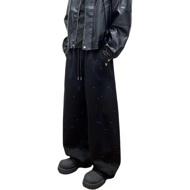 洋气先生 洋气潮牌美式复古痞帅高街纯色小破洞设计感高颜值拼接时尚弯直筒宽松舒适系带长裤子日常户外通勤运动百搭休闲裤 男女同款