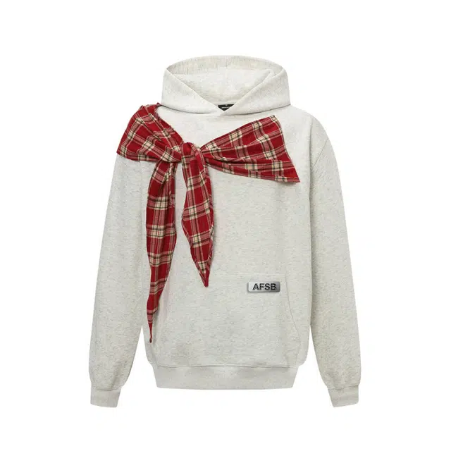 艾梵斯贝 美式复古潮流蝴蝶格子绑带小众设计款纯棉无性别日常通勤百搭宽松休闲时尚高级感学院风情侣款连帽卫衣 男女同款