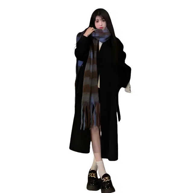 纤丝鸟 简约时尚百搭舒适黑色赫本风高级感中长款外套潮大衣 女款