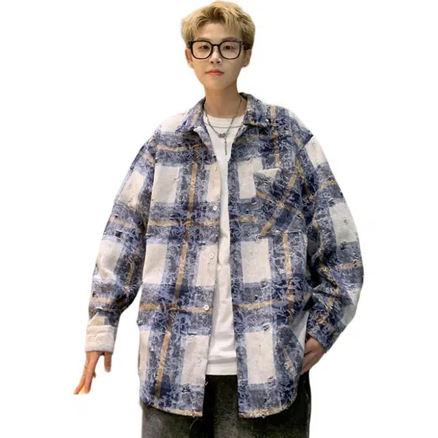 洋气先生 美式复古高街简约时尚扎染格纹破洞毛边潮流气质百搭小众高级感日常休闲宽松舒适慵懒氛围感开衫单排扣外套衬衫 男女同款