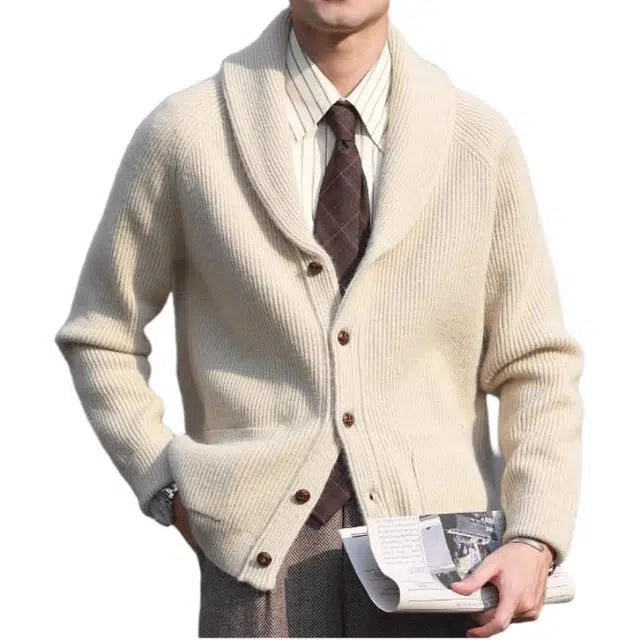 大格子与黑猫 复古英伦青果领秋冬厚款保暖开衫文艺修身弹力休闲外套 针织衫 男款