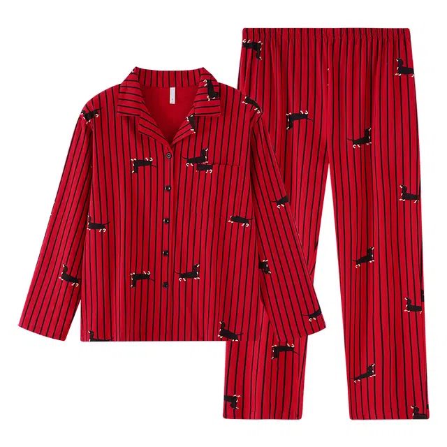 欧诗帛 本命年春秋纯棉红色可外穿大码宽松休闲长袖舒适家居服套装睡衣 女款