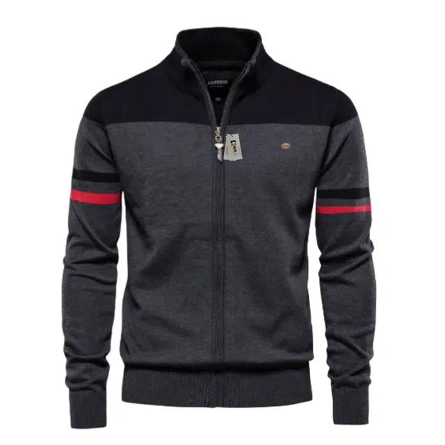 地界二 潮流高品质条纹常规长袖立领修身型开衫针织衫 男款