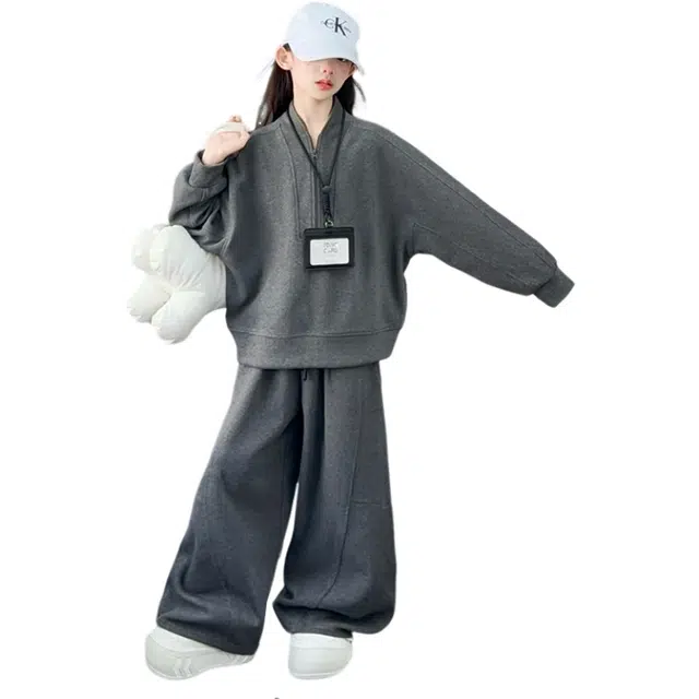 木清清休闲运动套装 潮酷时尚女童中大童半拉链针织弯刀裤两件套秋季舒适 青少年