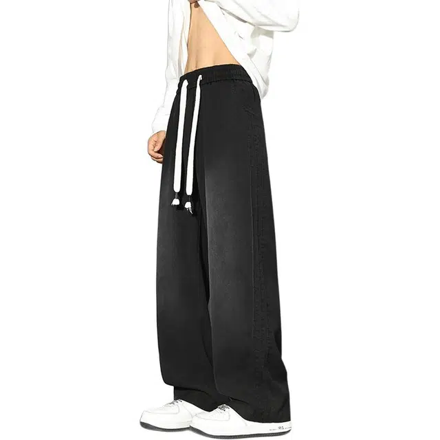 潮人榜 美式高街松紧腰抽绳拼接潮牌百搭小众设计感宽松莱赛尔直筒显瘦阔腿休闲裤 男款