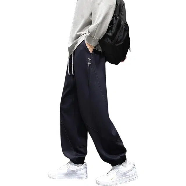 布客行 美式复古束脚亲肤透气针织运动卫裤百搭显高显瘦弹力抽绳松紧腰基础款纯色秋冬季拼接明线保暖御寒通勤高街港风休闲裤 男女同款