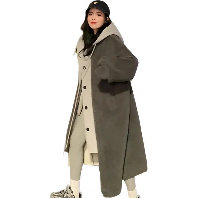 纤丝鸟 假两件女中长款韩版连帽休闲气质宽松开衫外套大衣 女款