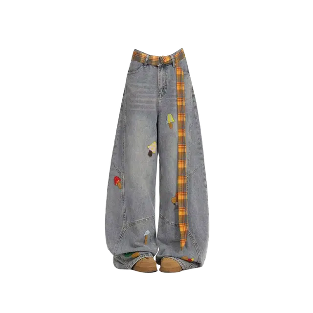 笔杏 刺绣腰带设计感款宽松显瘦直筒阔腿裤美式复古卡通蘑菇做旧潮流嘻哈元素牛仔裤 男女同款