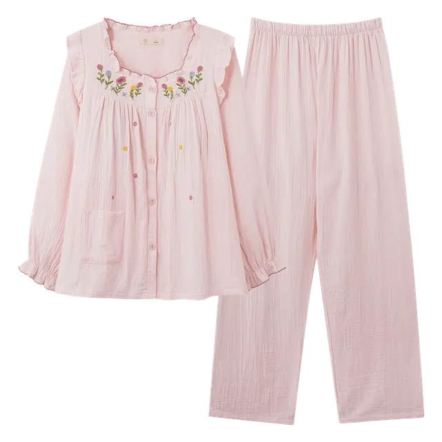 莫代尔 宫廷风刺绣碎花春秋季长袖长裤可外穿甜美家居服休闲睡衣套装 女款