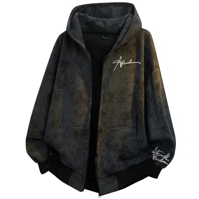 阿凡迪 美式复古街头简约基础扎染设计花体艺术字母潮牌印花织唛宽松舒适休闲百搭时尚潮流无性别注意通勤长袖拉链开衫连帽卫衣 男女同款