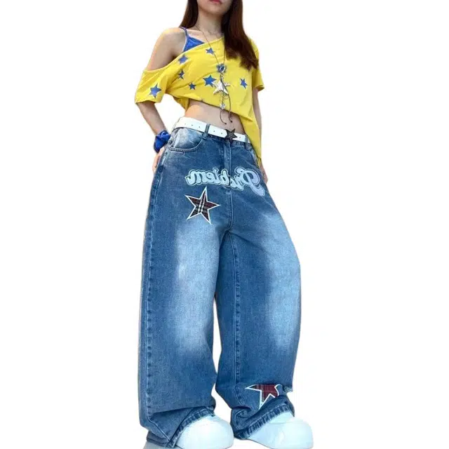 宝米卡 美式复古弯刀高街设计感宽松显瘦阔腿裤牛仔裤 男女同款