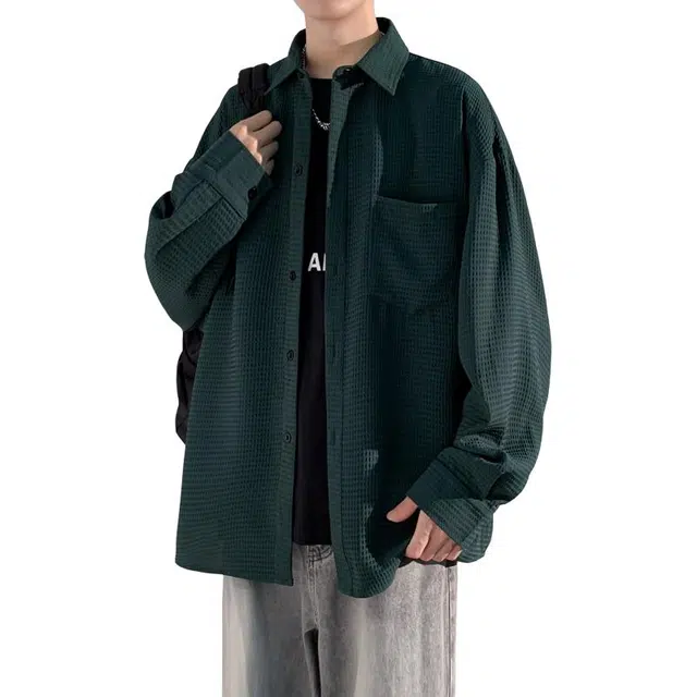 洋气先生 美式复古高街立体竖条纹肌理感简约纯色时尚潮流气质百搭小众高级感日常休闲宽松舒适慵懒氛围感开衫单排扣外套衬衫 男女同款