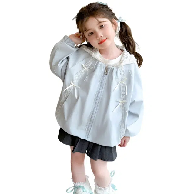 木清清上装 洋气淑女女童柔软蝴蝶结蕾丝拼接连帽休闲外套 中小童