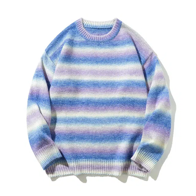 棉基因 渐变撞色条纹毛线衣清新森系肌理感厚实内搭休闲运动氛围感职场通勤极简风女装高街美式亲肤打底衣松弛感青少年学院毛衣 男女同款