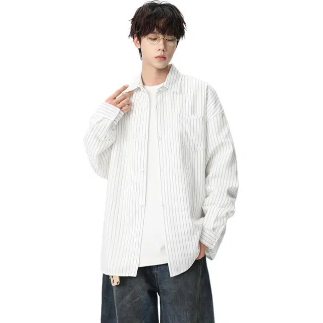 洋气先生 潮牌高街复古简约纯色高级感条纹设计无性别主义学院风上衣基础百搭时尚舒适潮流随性慵懒宽松落肩翻领休闲长袖衬衫 男女同款