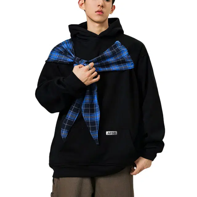 艾梵斯贝 美式风格潮流格子蝴蝶绑带设计款纯棉质感无性别日常通勤百搭宽松休闲时尚高级感学院风情侣款连帽卫衣 男女同款