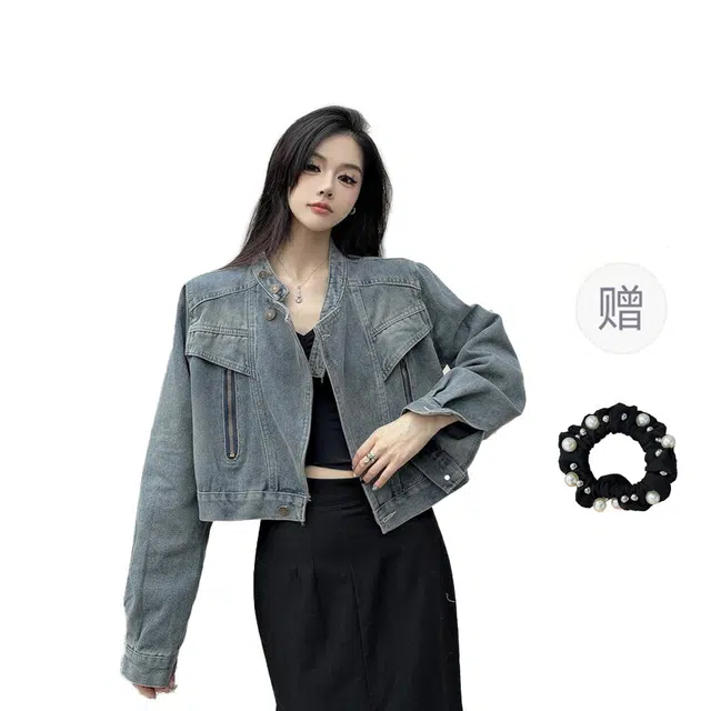 雾闪闪 机车服立领牛仔外套女别致拉链复古炸街宽松短款上衣夹克 女款