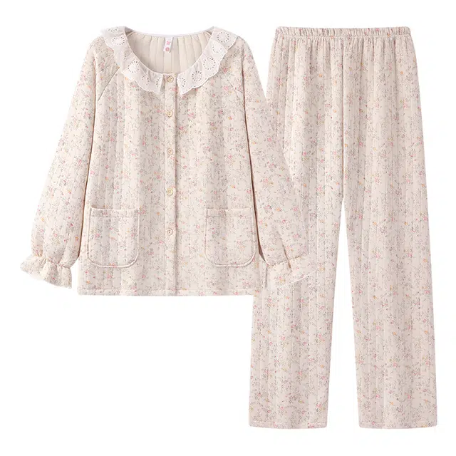 宫蝶 柔软长袖碎花家居服满印休闲开衫可外穿睡衣套装 女款