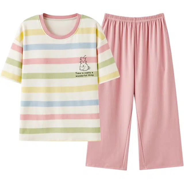 浮光岛屿 带胸垫卡通撞色短袖休闲舒适七分裤可外穿家居服睡衣套装 女款 礼盒装 粉色